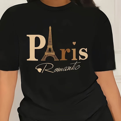 Women's Paris Romantic Graphic Print T-Shirt - Black & Golden Eiffel Tower Design, Short Sleeve Crew Neck Casual Top, Breathable Summer & Spring Tee, Machine Washable, Everyday Fashion, Fashionable Casualwear, Relaxed Fit Shi