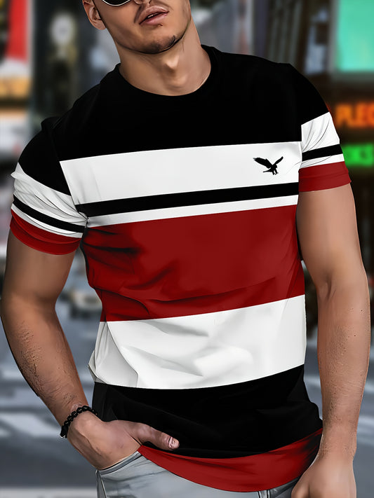 Men's 3D Digital Print Short Sleeve T-Shirt - Bold Striped Color Block Design, Breathable Round Neck, Lightweight All-Season Casual Tee, Machine Washable, Everyday Outfit, Modern Fashion, Durable Tee, Printed Shirt, Streetwea