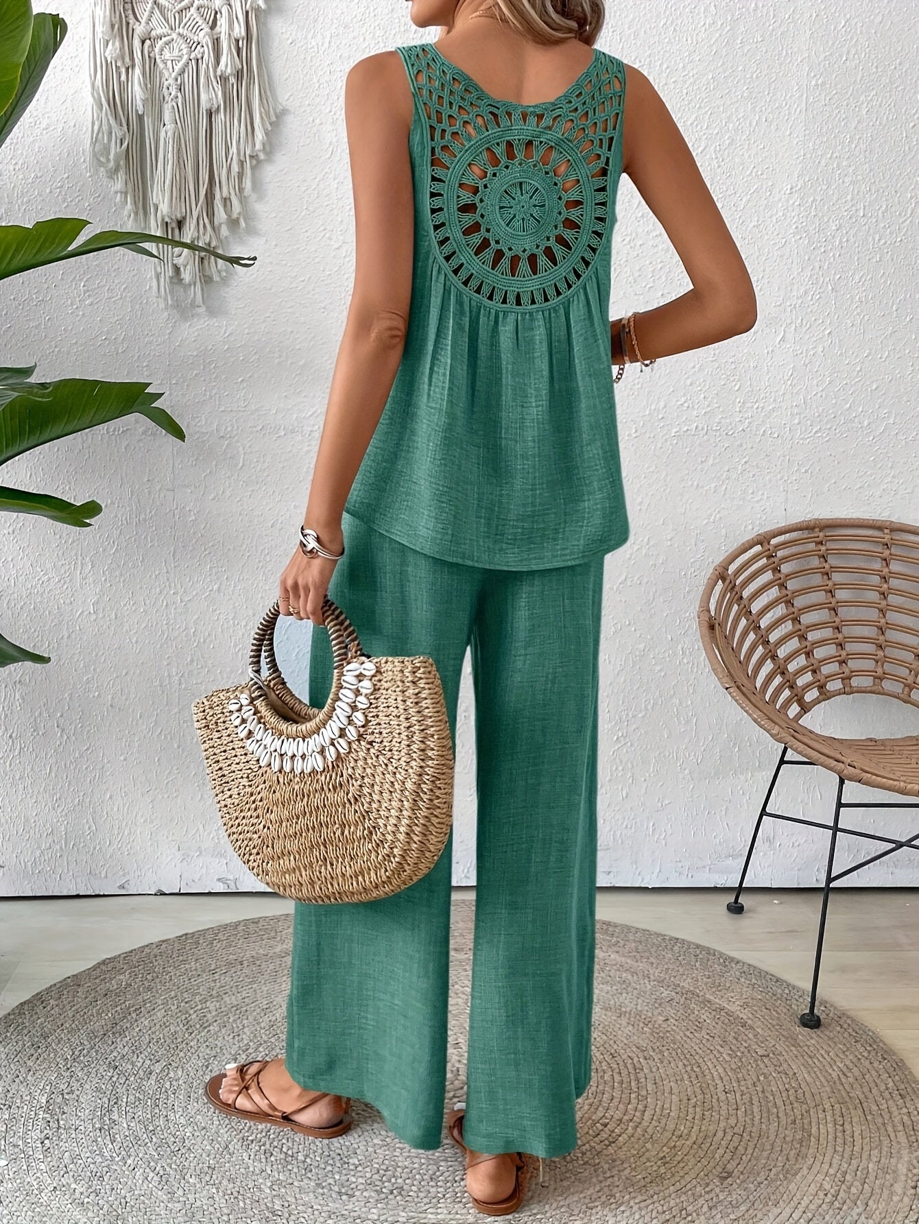 Women'S Summer Backless Cut-Out Panel Tank Top + Wide Leg Pants Set - Casual, Simple, Sleeveless, Polyester, Light Beige, Perfect for Spring/Summer, Casual Attire|Backless Top|Polyester Fabri