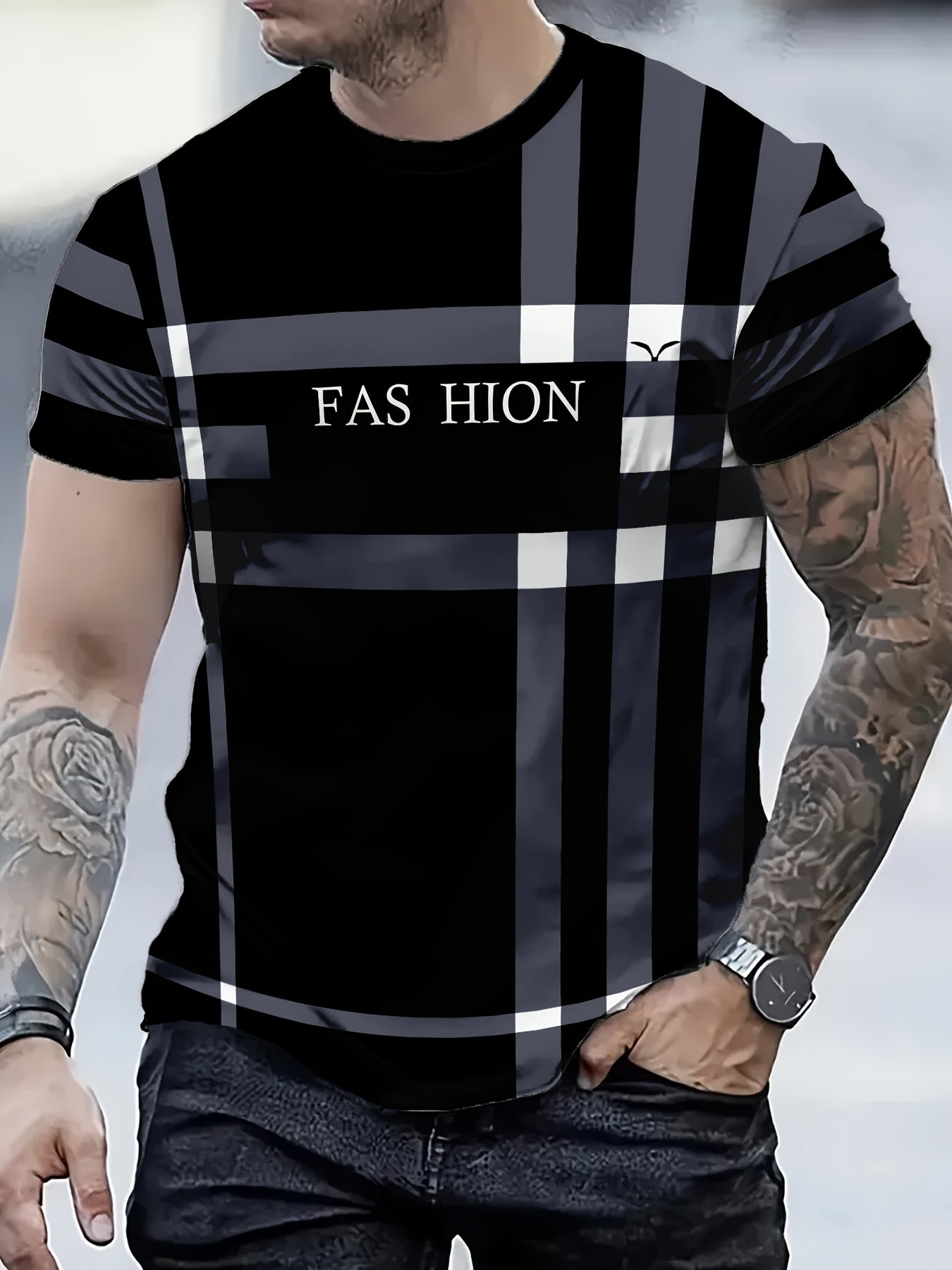 Men'S Casual "FAS HION" Graphic T-Shirt - Black & Blue Plaid, Short Sleeve, Round Neck, All-Season Comfort Fit, Casual Attire | Plaid Pattern Top | Comfortable Fit Shirt