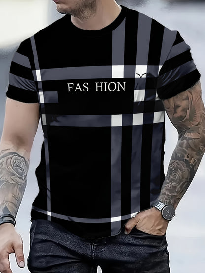 Men'S Casual "FAS HION" Graphic T-Shirt - Black & Blue Plaid, Short Sleeve, Round Neck, All-Season Comfort Fit, Casual Attire | Plaid Pattern Top | Comfortable Fit Shirt