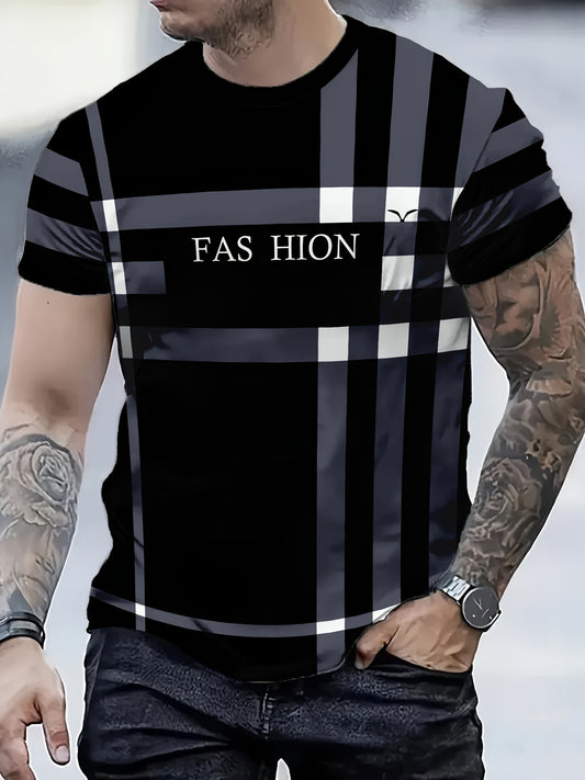 Men'S Casual "FAS HION" Graphic T-Shirt - Black & Blue Plaid, Short Sleeve, Round Neck, All-Season Comfort Fit, Casual Attire | Plaid Pattern Top | Comfortable Fit Shirt