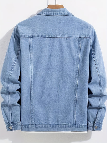 1pc Men'S Casual Slim-Fit Cotton Denim Jacket, Solid Color Lapel Collar with Pockets, Woven Non-Stretch Fabric, 80% Cotton 20% Polyester