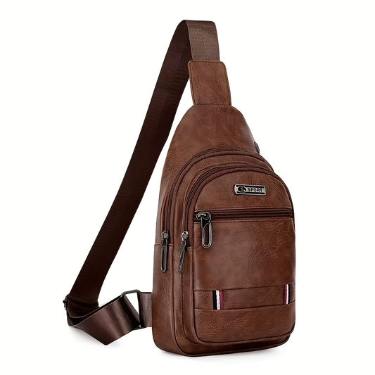 Men'S Vintage Faux Leather Chest Bag - Crossbody Sling Style, Multi-Layer Zippered Front, Brown with Red & White Stripes, Perfect for Casual Outings, Crossbody Bag, Secure Zipper Closure