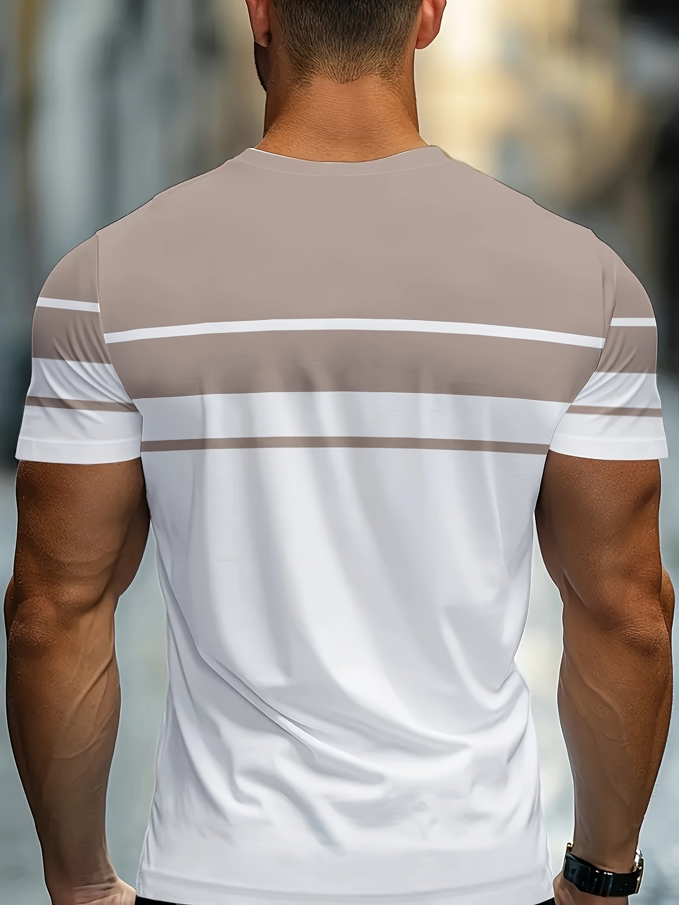 Men's Minimalist Modern T-Shirt - Lightweight Breathable Fabric Crew Neck Tee in White & Beige - Everyday Casual & Formal Summer Shirt - Machine Washable Everyday Essential, Horizontal Stripe Design, Smooth Texture Fabric