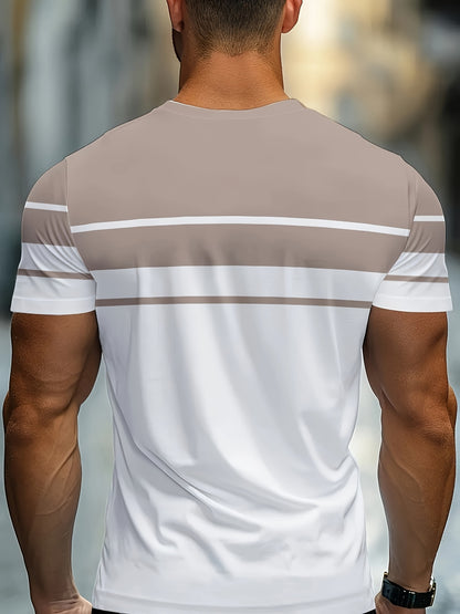 Men's Minimalist Modern T-Shirt - Lightweight Breathable Fabric Crew Neck Tee in White & Beige - Everyday Casual & Formal Summer Shirt - Machine Washable Everyday Essential, Horizontal Stripe Design, Smooth Texture Fabric