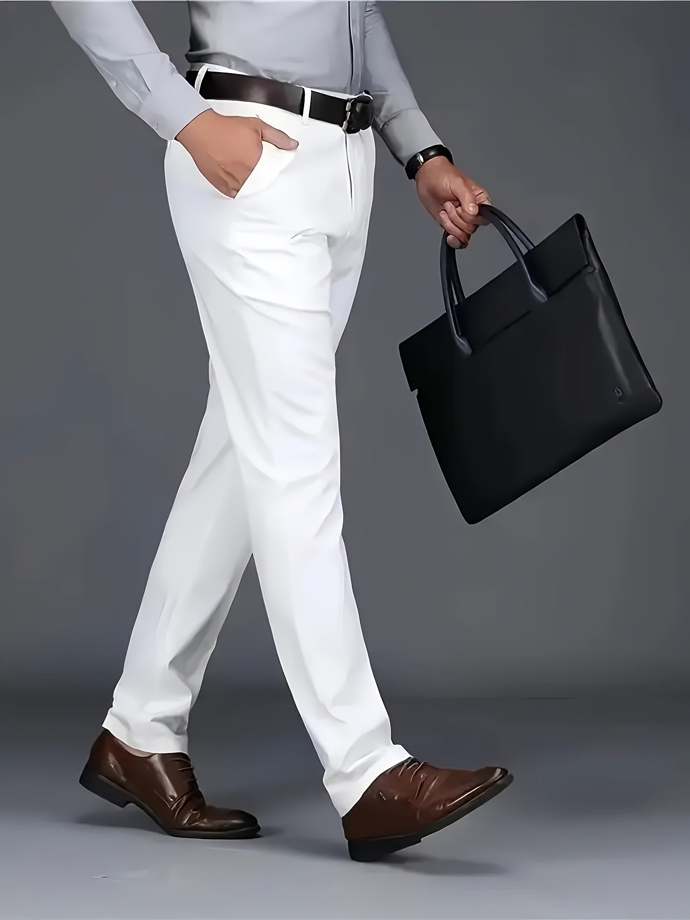 [Durable Build] Men's All-Season Casual Dress Pants - Business Style Stretch Trousers, Comfortable Classic Design, Light Brown Polyester Blend, Machine Washable, Smooth Finish, Regular Fit for Office or Leisure Wear