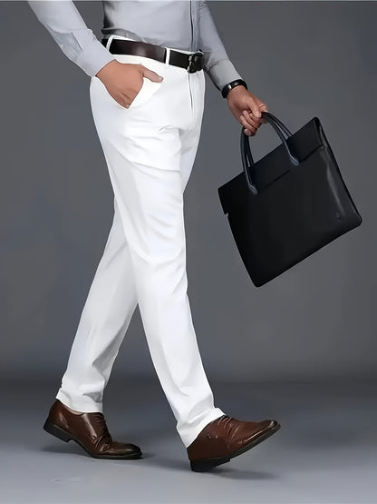 [Durable Build] Men's All-Season Casual Dress Pants - Business Style Stretch Trousers, Comfortable Classic Design, Light Brown Polyester Blend, Machine Washable, Smooth Finish, Regular Fit for Office or Leisure Wear