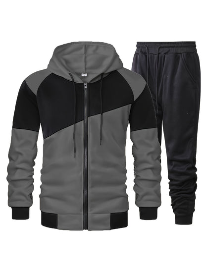 Elson OBM Men's Autumn and Winter Sportswear Set, Men's Color Block Long Sleeve Hooded Zip-Up Jacket with Solid Drawstring Joggers Outdoor and Sports Outfit... Top Bottoms Set
