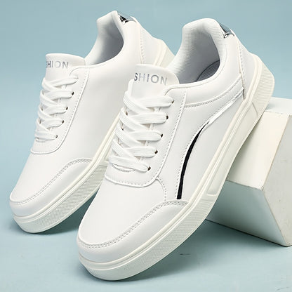 Youngsters' Fashion Sneakers - White PU Upper with Golden Accents, Comfortable & Lightweight Casual Running Shoes for Boys and Girls, All-Season Wear, Low-Top Lace-Up Design, Outdoor Youngsters's Footwear | Fabric Lined Inter