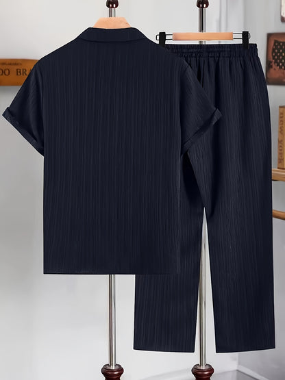 2pcs Men'S Casual Summer Set - Short Sleeve Button-Up Cuban Collar Shirt and Drawstring Waist Pants, Polyester Blend, Solid Color, Regular Fit, Breathable Fabric, Lightweight for Daily Wear