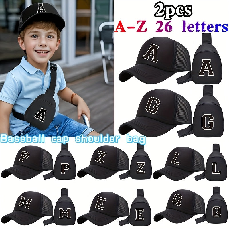 2pcs Youngsters' 26 Letter Print Truck Hat and Chest Bag Set, Fashionable Casual Sun Hat with Portable Storage Wallet, Suitable for Boys Girls Spring Summer Daily Outings, Perfect Back-to-School Season Gift