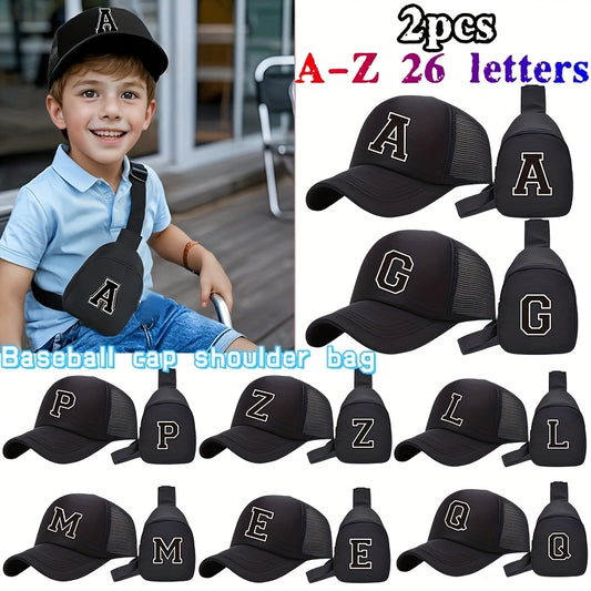 2pcs Youngsters' 26 Letter Print Truck Hat and Chest Bag Set, Fashionable Casual Sun Hat with Portable Storage Wallet, Suitable for Boys Girls Spring Summer Daily Outings, Perfect Back-to-School Season Gift