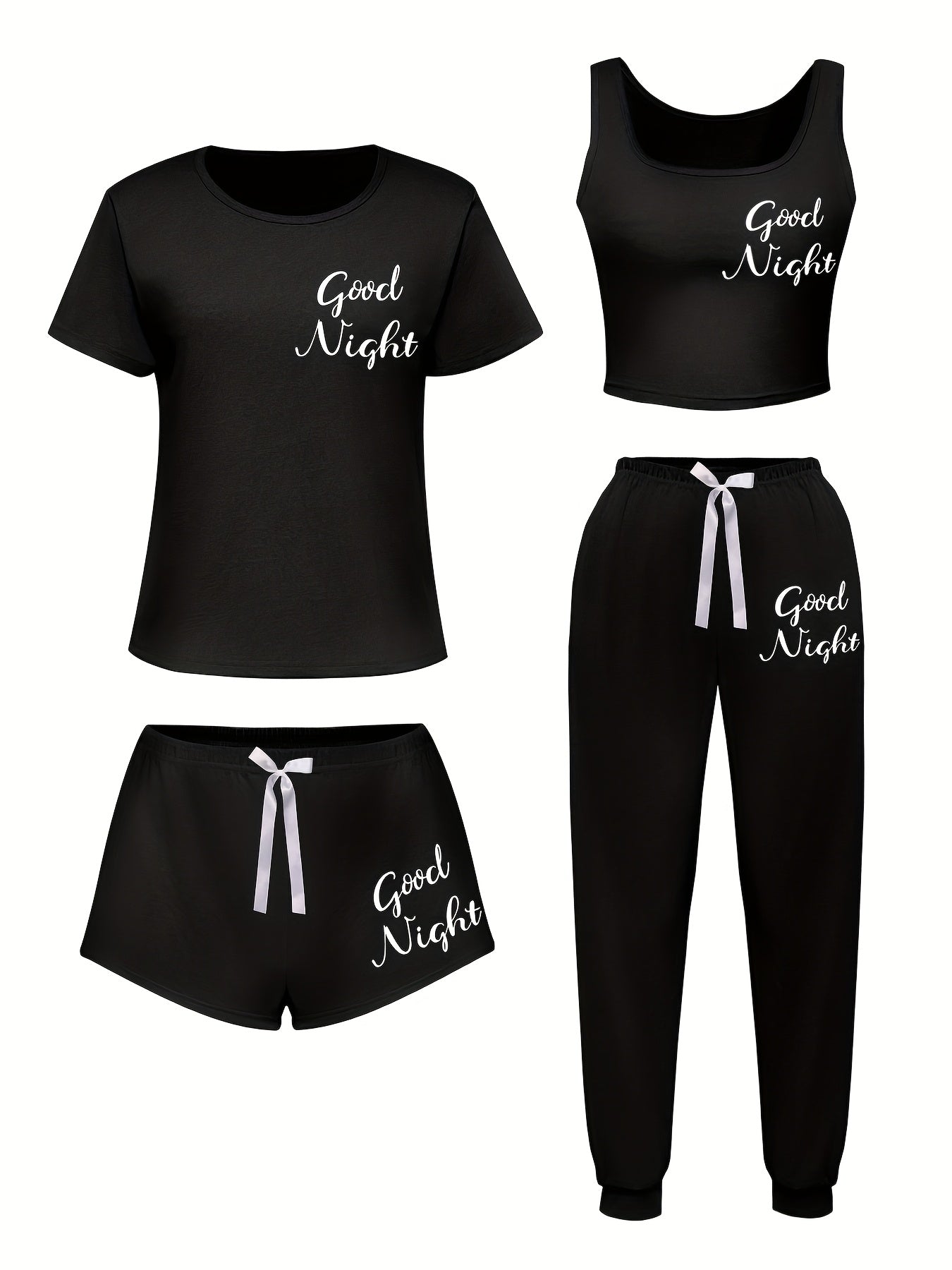 4pcs Women'S Sleepwear Set - Soft & Casual "Good Night" Print, Short Sleeve T-Shirt, Shorts & Pants with Bow Detail - Perfect for Spring, Summer, Fall & Winter - Soft, Comfortable Loungewear