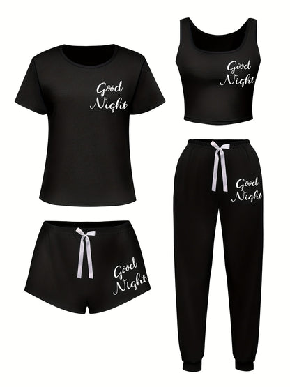4pcs Women'S Sleepwear Set - Soft & Casual "Good Night" Print, Short Sleeve T-Shirt, Shorts & Pants with Bow Detail - Perfect for Spring, Summer, Fall & Winter - Soft, Comfortable Loungewear