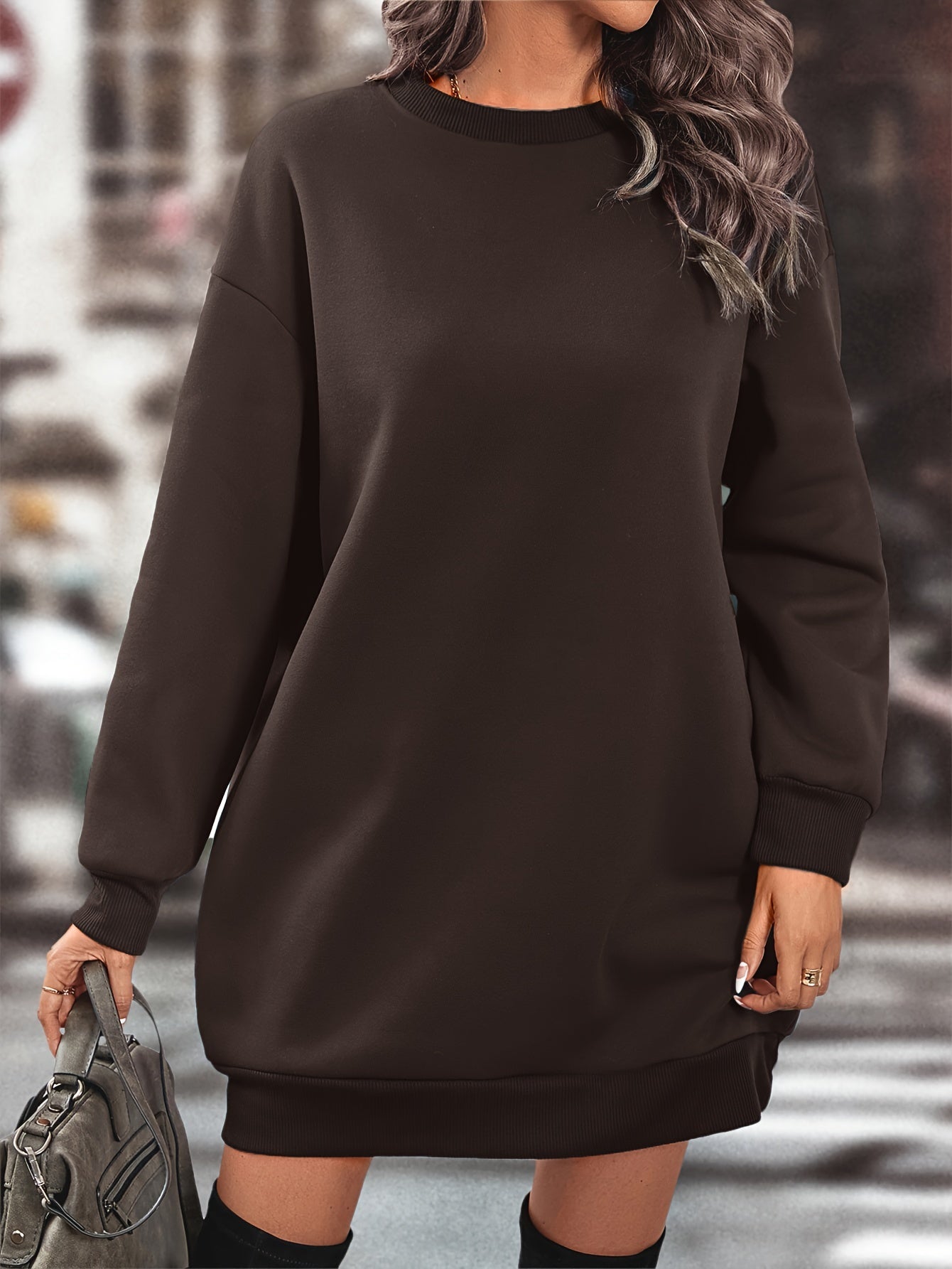 Elegant Women'S Fleece-Lined Sweatshirt Dress - Polyester Knit Fabric, Solid Color, Crew Neck, All-Season Loose Long Sleeve Casual Wear