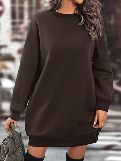 Elegant Women'S Fleece-Lined Sweatshirt Dress - Polyester Knit Fabric, Solid Color, Crew Neck, All-Season Loose Long Sleeve Casual Wear