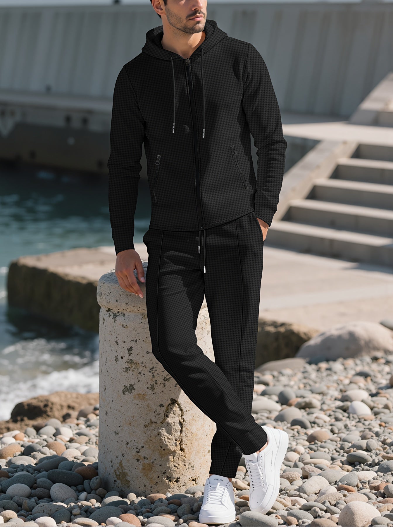 New Style Autumn Men's 2pcs Set, Casual Hooded Long Sleeve Zip-Up Sweatshirt and Drawstring Jogger Pants with Pockets, All-Season Outfit for Men