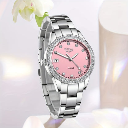 Elegant Pink Women'S Watch - LIGE Quartz Chronograph with Stainless Steel Band, Rhinestone Accents, Date Display & Heart Rate Monitor - Ideal Mother'S Day Gift, Gift for Women | Elegant Timepiece | Quartz Movement, LIGE