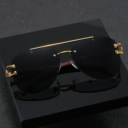 A Pair of Men'S Golden Double-Bridge Frameless Oval Glasses with Leopard Decoration And Faux Wood Grain, Stylish Unisex Eyewear.