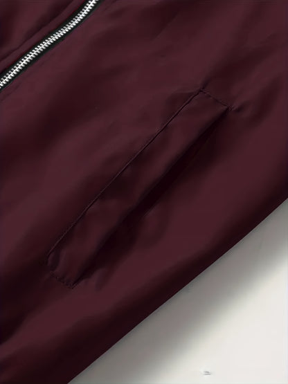 Men'S Casual Bomber Jacket - Maroon Zip-Up Baseball Coat with Black Trim, Long Sleeves, and Front Pockets for Casual Attire, Casual Outerwear | Stylish Casual Jacket | Polyester Lining