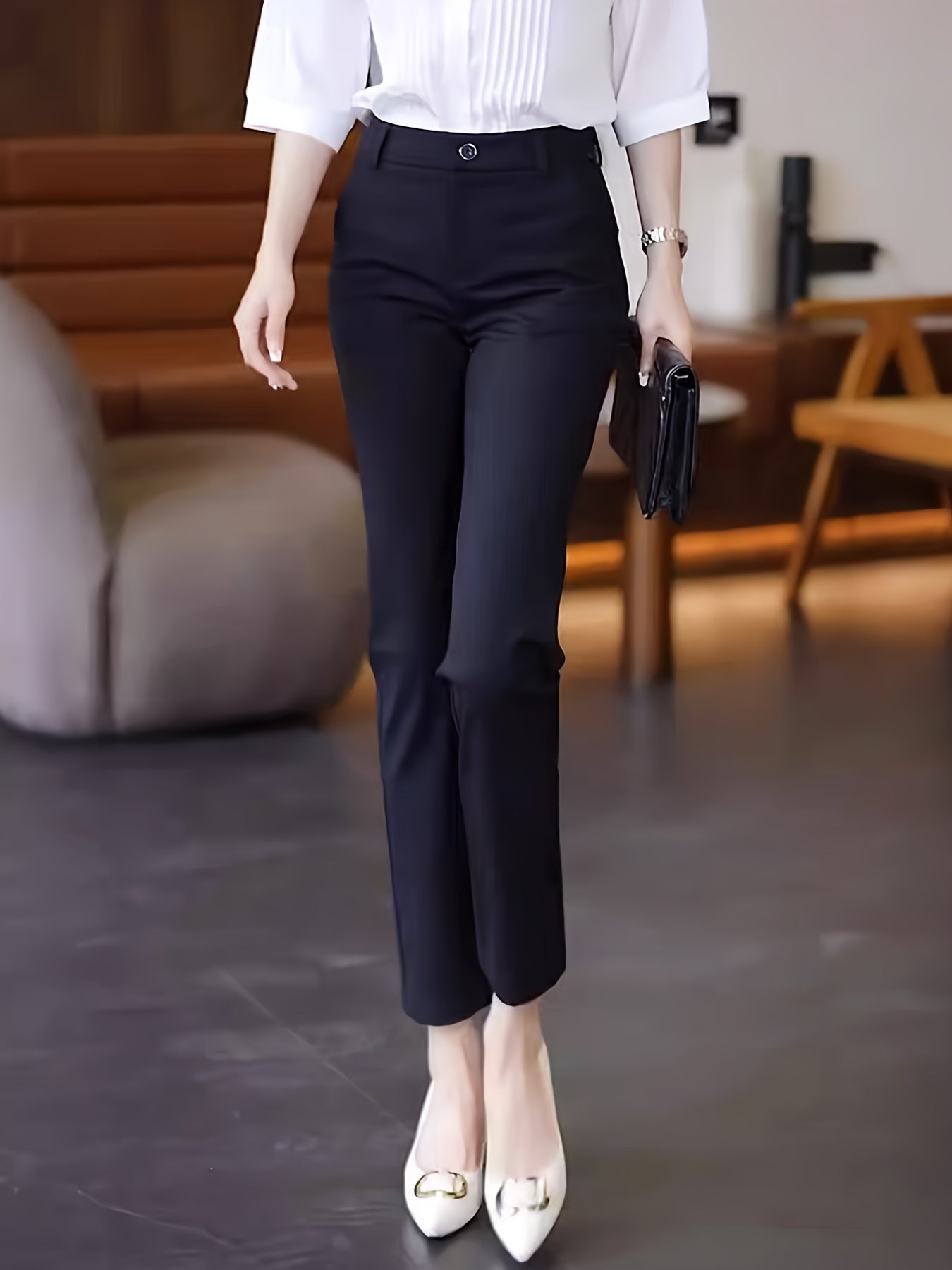 Women'S High-Waisted Straight-Leg Trousers, Casual Style, Solid Color, Polyamide 50% Viscose 50% Elastane 8%, Woven Fabric, 300g/m², Button Detail, Suit Pants for Work and Leisure - Black