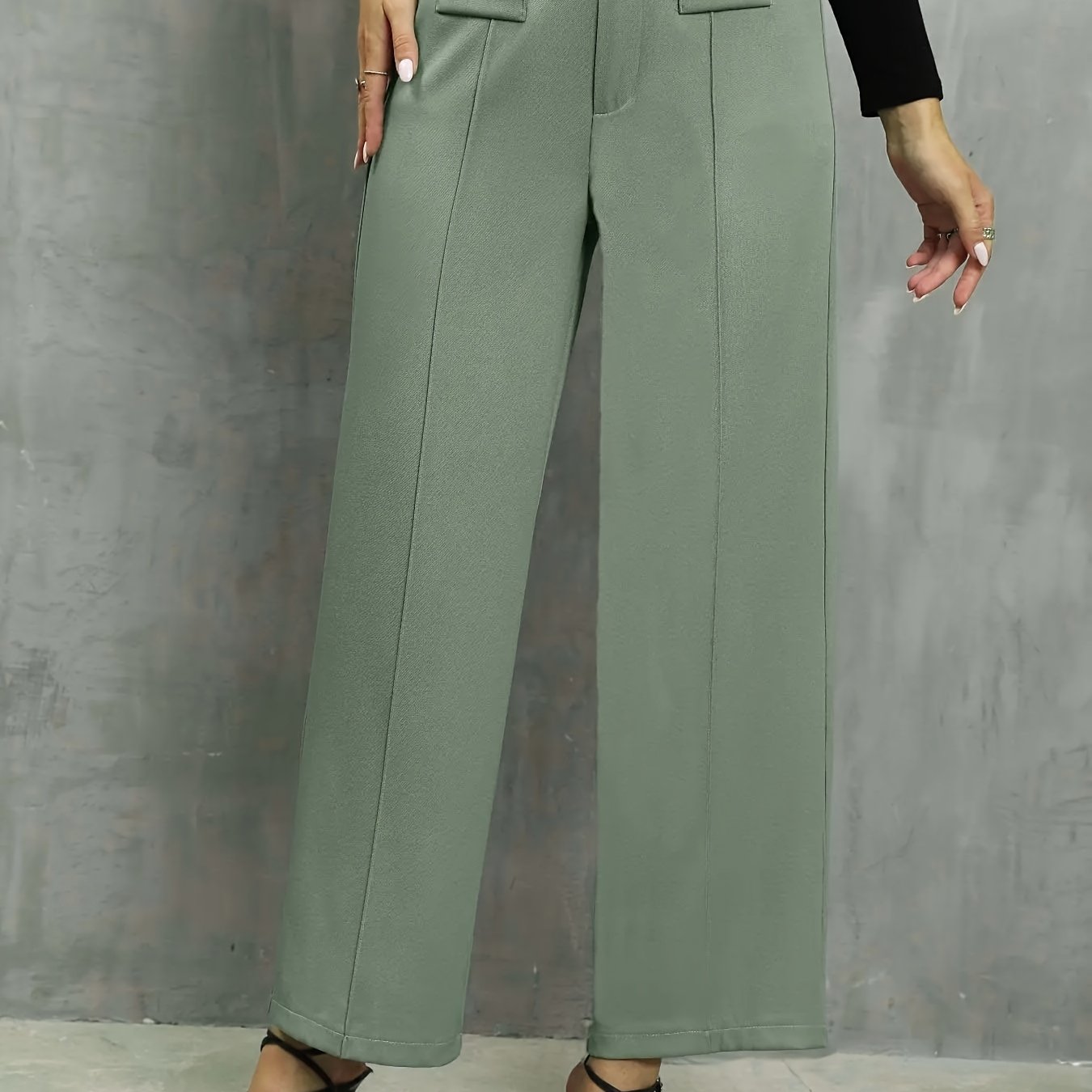Women's Elegant High-Waist Light Blue Straight-Leg Pants - Polyester, Machine Washable, Faux Pocket Detail, Ideal for Fall/Winter, Autumn Winter Clothing | Elegant Casualwear | Smooth Texture