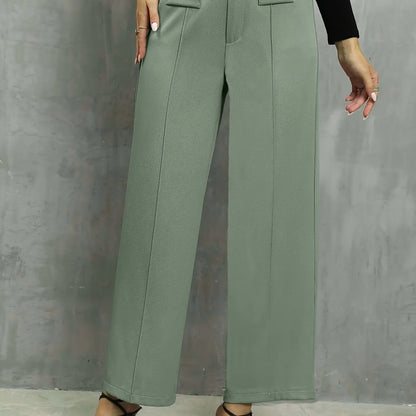 Women's Elegant High-Waist Light Blue Straight-Leg Pants - Polyester, Machine Washable, Faux Pocket Detail, Ideal for Fall/Winter, Autumn Winter Clothing | Elegant Casualwear | Smooth Texture