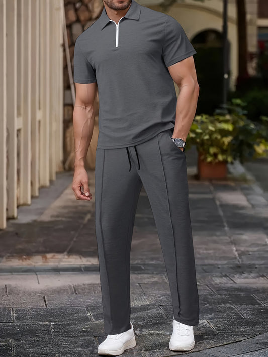 Men'S Summer Solid Color Trendy Casual Suit Collared Short Sleeve Long Pants Suit, Perfect for Outdoor