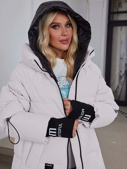 Women's Stylish Beige Puffer Jacket - Casual Warm Winter Coat with Black Trim, Long Sleeves & Zippered Hood, Polyester Fabric for Outdoor Comfort