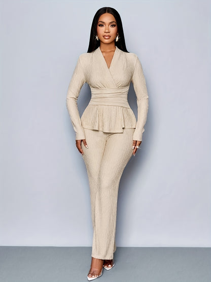 Elegant Women'S V-Neck Long Sleeve Top and Wide Leg Pants Two-Piece Set, Asymmetrical Hem Two-Piece Outfit for Casual Daily Wear, Winter Women'S Clothing