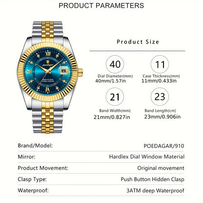 POEDAGAR Luxury Men'S Quartz Watch - Waterproof, Luminous, Stainless Steel Band, Blue & Golden Accents, Date & Week Display, Casual Elegant Timepiece with Backpack Clasp