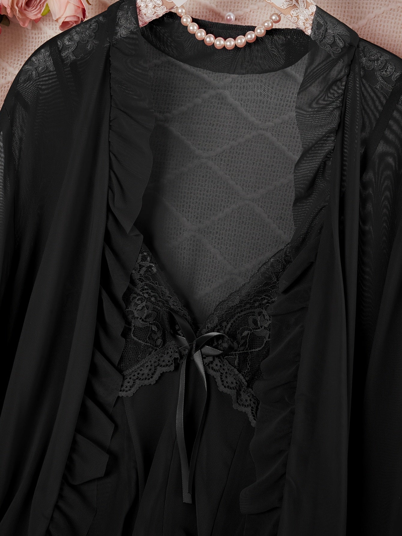 Sexy Mesh Semi-Sheer Strap+Cute Ruffle Long Sleeve Lightweight Mesh Outerwear Pajama Set