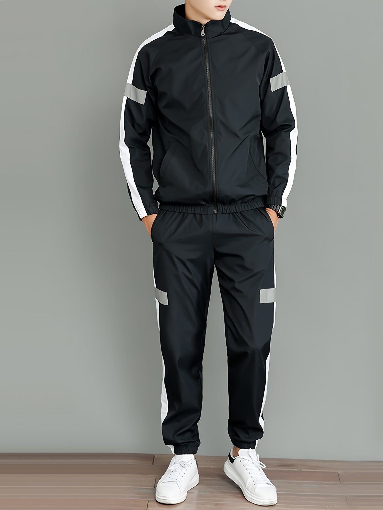 Men's Casual Sportswear Set - Black and White Striped Zip-Up Jacket with Reflective Accents & Matching Joggers, Polyester, Machine Washable, Ideal for Spring & Fall, Jogging Pants
