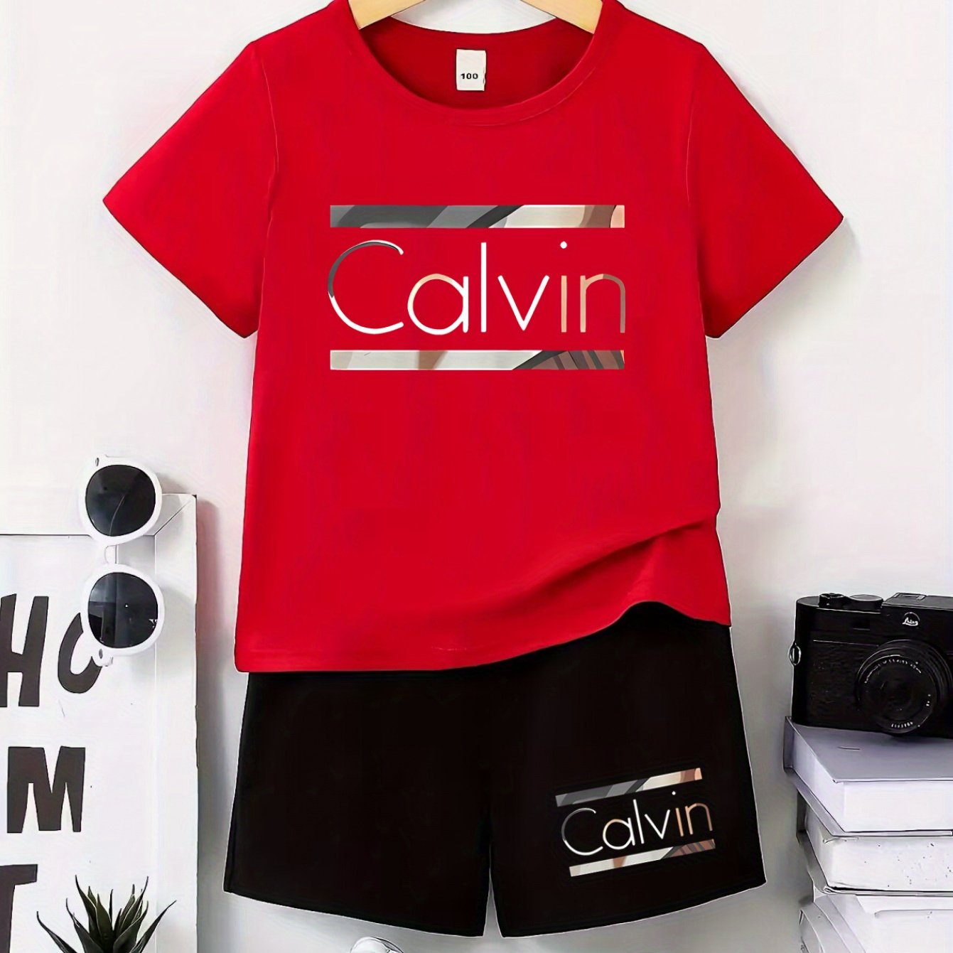2pcs - Youngsters' Short Sleeve Shorts Set - Street Style Casual "Calvin" Letter Print, Vibrant Design - Summer Outdoor Outfit, Polyester Fabric, Comfortable for All Seasons, Daily Wear | Lively Printed Top | Stretchy Materia