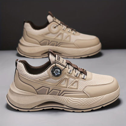 Men's 2025 New Casual Athletic Running Shoes - Thick-Sole Hiking & Basketball Sneakers with Breathable PU/Fabric Upper, Durable PVC Outsole, Beige/Black Colorway for Outdoor, Streetwear & Everyday Comfort, Round Toe Design |