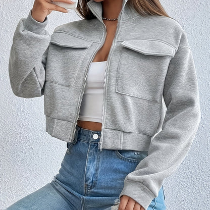 Zip Front Flap Pockets Jacket, Casual Turtleneck Crop Jacket For Fall, Women's Clothing