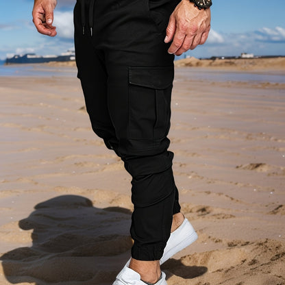 Men'S Casual Cargo Pants, 95% Cotton 5% Spandex, Skinny Fit, Solid Color, Long Length, Woven Fabric, Non-Stretch, with Pockets, 215g/m² Weight