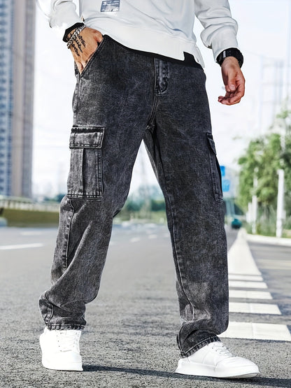 Men's Multi-Pocket Cargo Jeans - Casual Loose Fit Denim with Flap Pockets, Durable Cotton Blend, Ideal for All Seasons, Casual Wear Pants | Classic Blue Jeans | Cotton Blend Jeans