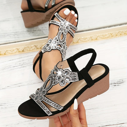 Vibrant Comfort | Bohemian Style Women's Rhinestone Wedge Sandals, Open Toe Platform Heel with Elastic Strap, Summer Beach Music Festival Slip-On Shoes, Man-Made Upper/Inner/Insole, TPR Sole, Beach Sandals | Toe Post Sandals