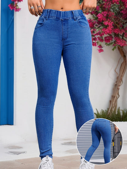 Women's High Stretch Skinny Jeans, Casual Solid Color Washed Denim, with Polyester and Elastane Blend, for All-Season Wear