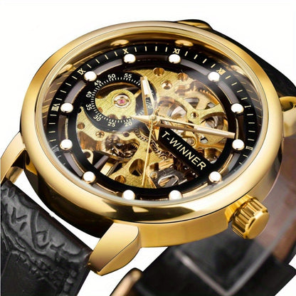 Men'S Luxury Mechanical Skeleton Watch with Golden-Tone Alloy Case & Faux Leather Strap - Mechanical Hand-Wind, World Time, Date Display, Elegant Fashion Accessory for Casual Attire, Mechanical Watch, Sophisticated Design, In