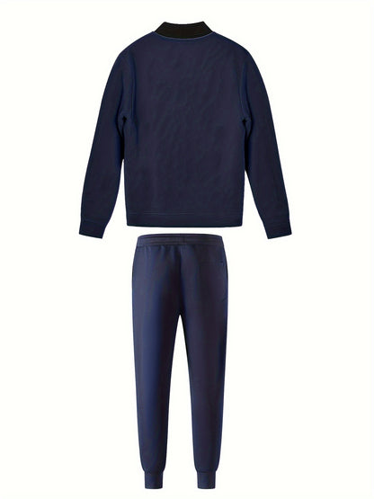 Men's Casual Polyester Sports Suit, Solid Color, Non-Stretch Fabric, Regular Fit, Baseball Collar Jacket and Sweatpants, Suitable for Spring/Autumn - Braided Eyelash Set