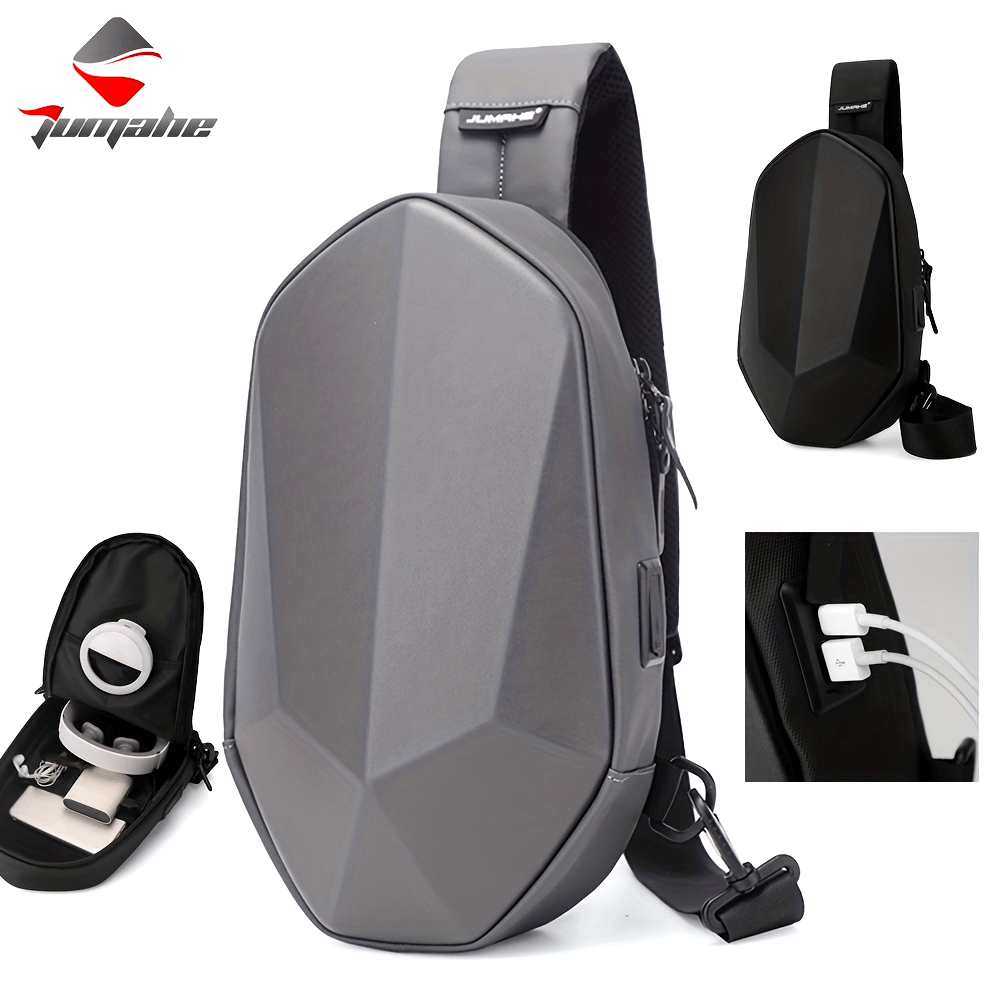 JUMAHE Men's USB Charging Crossbody Bag with Dual Power Ports, Hexagonal Geometric Design Street Style Shoulder Bag - Premium Durable Fabric, Adjustable Strap & Zipper Closure for Daily Commute (Black/Grey), Bags for Travel,