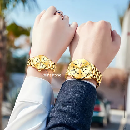 Two Stylish Digital Round Dial Couple'S Quartz Watches - IPX7 Waterproof, Luminous, Dual Calendar, Date and Day/Week Display, Alloy Strap Business Watches, Suitable for Women and Men, Valentine'S Day Gift Wristwatches