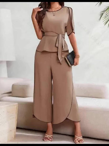 New Stylish and Elegant Solid Color Short-Sleeve Shirt Pants Set for Women