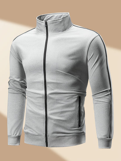 Men's Casual Sportswear Set: Spring/Autumn Stand Collar Jacket, Drawstring Elastic Waist Pants Two-Piece Set with Fashion Print, Men's Top and Bottom Outfit for Running Loungewear, Zipper Pocket Design