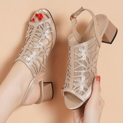 Women's Elegant Rhinestone Peep-Toe Sandals - Black Chunky Heel, Breathable Mesh Upper, Ankle Strap, Summer Fashion Shoes for Parties & Events, Event Footwear | Secure Buckle Closure