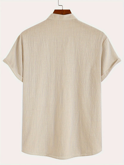 Men'S Classic Solid Color Pure Cotton And Bamboo Textured Breathable Fabric V-Neck Half-Button Design Suitable for Daily Casual Wear, Simple And Versatile, Stylish for Vacations, Hawaiian Style Light Blue Short-Sleeve Shirt.