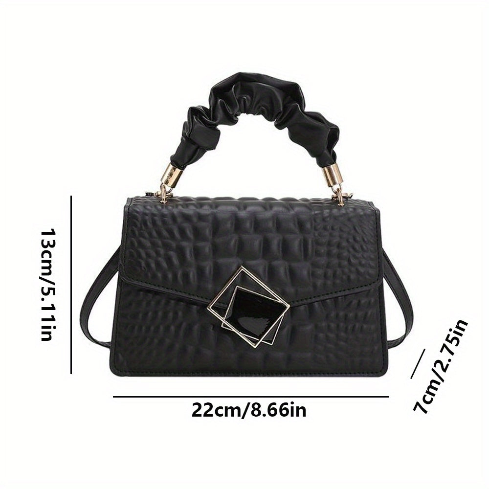 Fashion Embossed Crossbody Bag with Pleated Handle - Women'S Solid Color Stylish Shoulder Bag, Plain Crossbody Bag with Pleated Handle, Small Square Bag in Stone Pattern.
